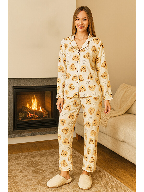 Remsa Kadın  Ayıcık Desen Karla Önü Düğmeli Pijama Takımı 0493 Bej
