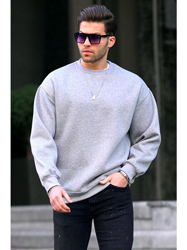 Madmext Grimelanj Bisiklet Yaka Oversize Şardonlu Basic Erkek Sweatshirt 6048