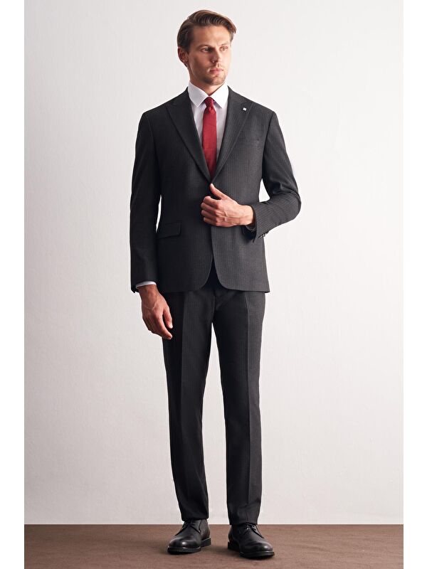 İMZA Siyah Kırlangıç Yaka Çizgili Desen Kruvaze Esnek 6 Drop Slim Fit Classic Takım Elbise 1001255165