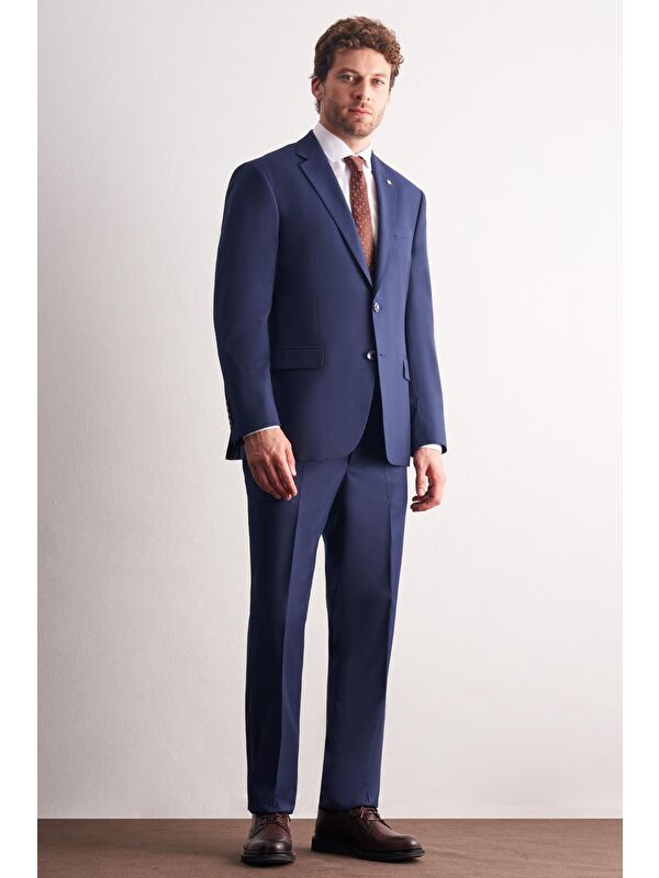 İMZA Lacivert Mono Yaka Kendinden Çizgili Desen Esnek 4 Drop Comfort Fit Classic Takım Elbise 1001255159