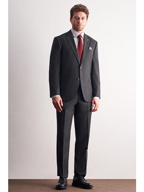 İMZA Antrasit Mono Yaka Kendinden Çizgili Desen Esnek 4 Drop Comfort Fit Classic Takım Elbise 1001255159