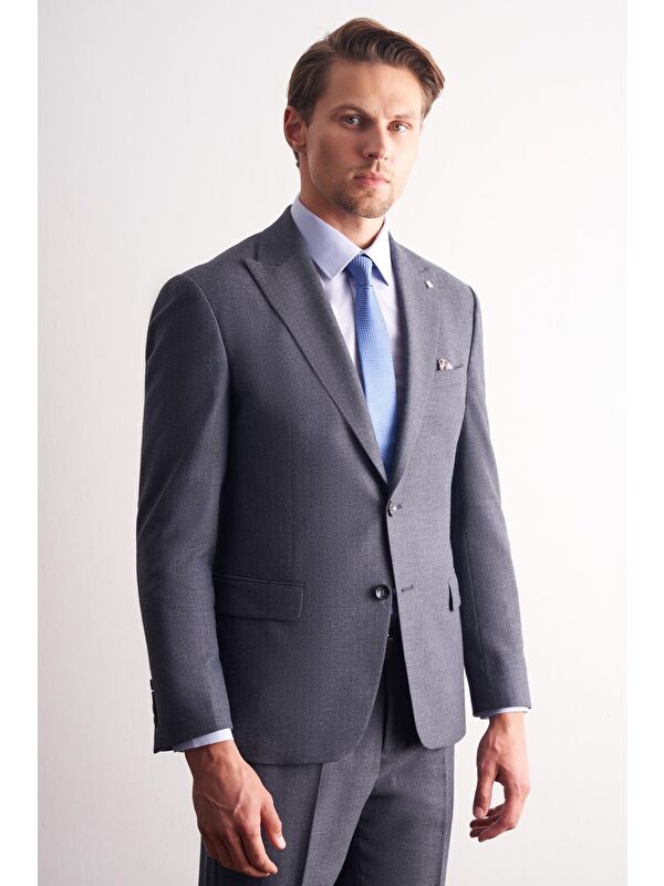 İMZA Koyu Lacivert Kırlangıç Yaka Çizgili Desen Slim Fit 6 Drop Takım Elbise 1001255166