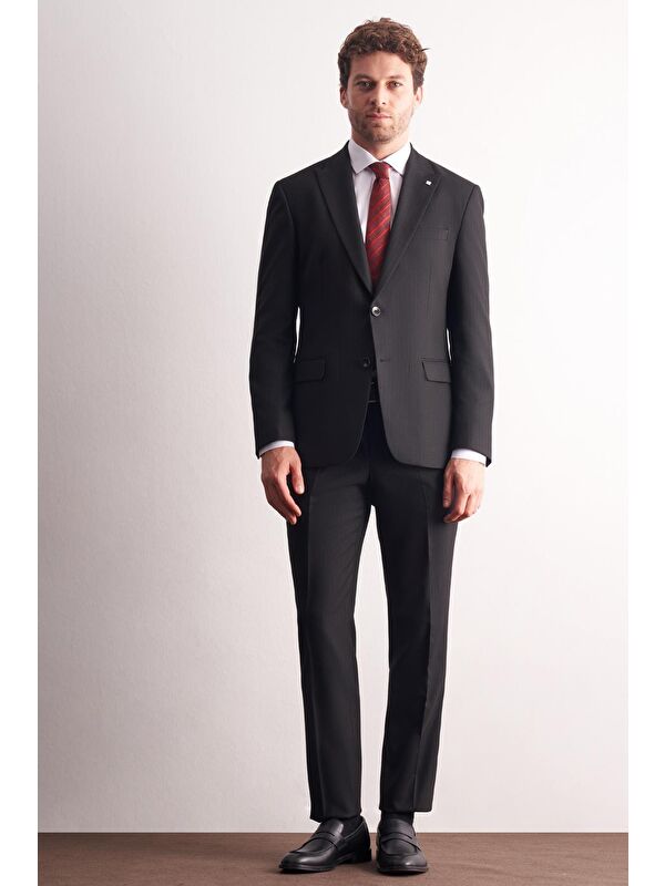 İMZA Siyah Kırlangıç Yaka Çizgili Desen Slim Fit 6 Drop Takım Elbise 1001255166