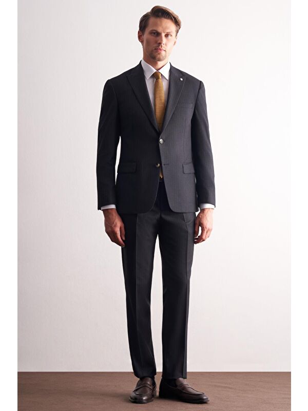 İMZA Lacivert Kırlangıç Yaka Çizgili Desen Slim Fit 6 Drop Takım Elbise 1001255166