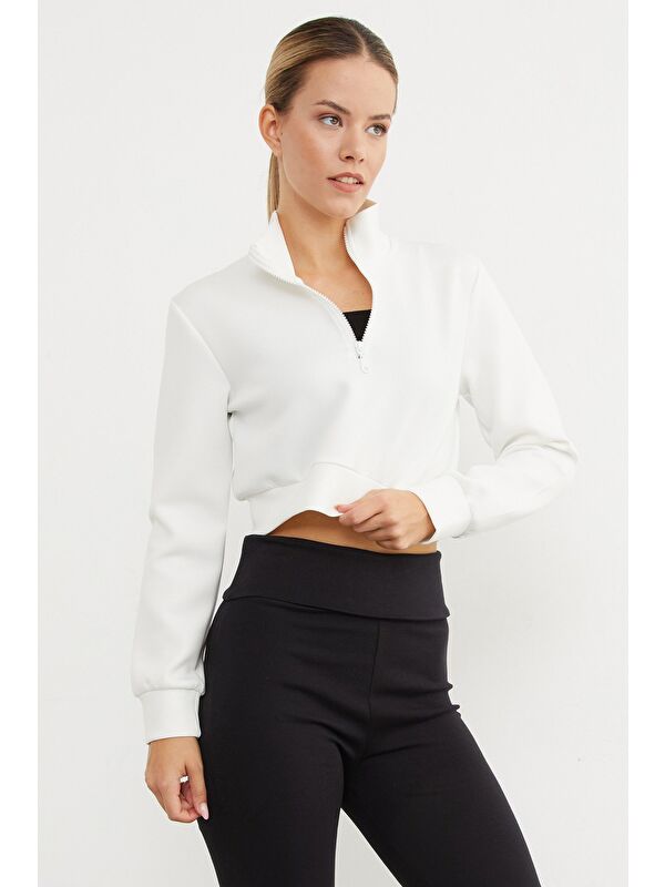 Fullamoda Yarım Fermuarlı  Dik Yaka Crop Sweatshirt