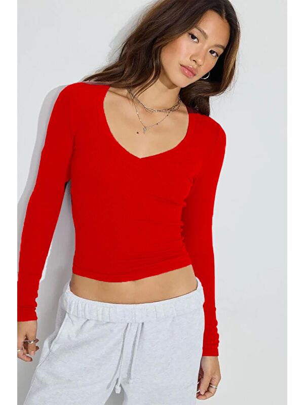 Madmext Kırmızı V Yaka Uzun Kollu Kaşkorse Body Mg2192