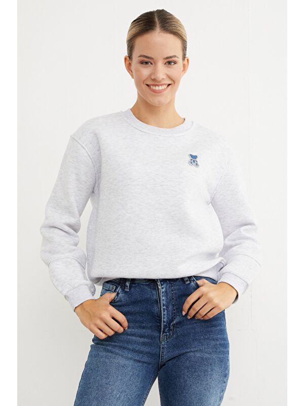 Fullamoda 3 İplik Taş İşlemeli Ayıcık Nakışlı Sweatshirt