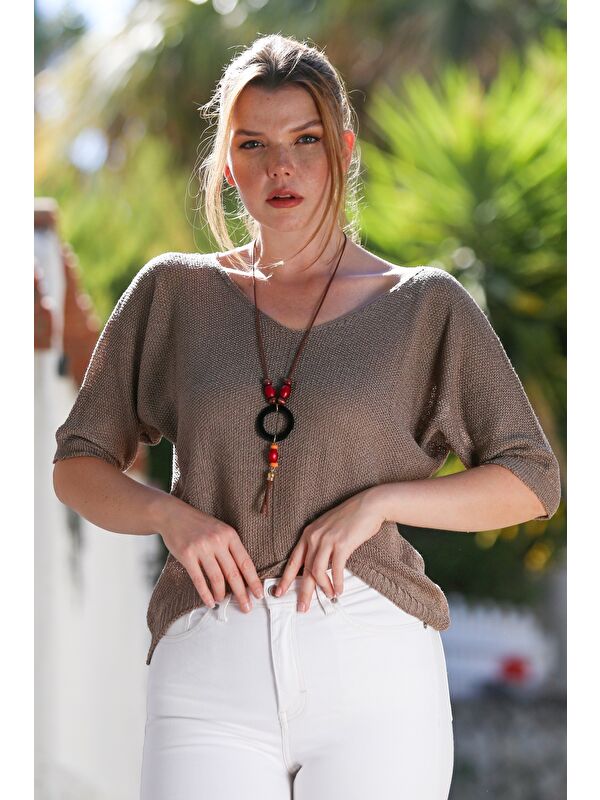 Chiccy Vizon V Yaka 3/4 Kol İnce Arkası Crop Fit Triko Bluz 50 60