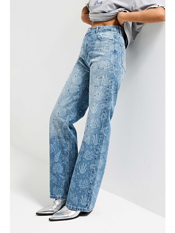 It's Basic Kadın Jean Rengi T-2s6-27 Straight Fit Özel baskılı Kumaş Parlak Taşlı Tasarım Denim Jean