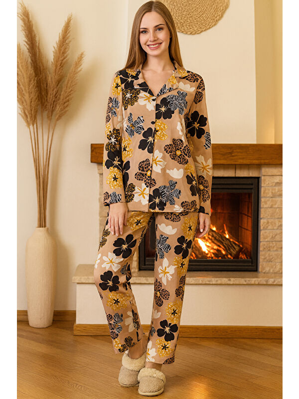 Remsa Kadın Çiçek Desen Saphire Önü Düğmeli Pijama Takımı 0507 Vizon