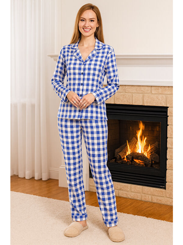 Remsa Kadın Ekose Desen Suprem Önü Düğmeli Pijama Takımı 0470 Mavi03