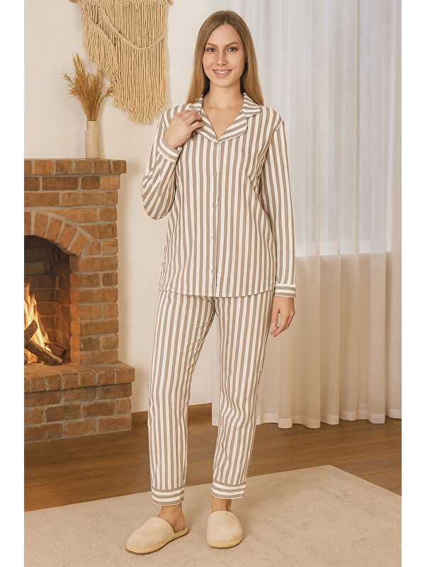 Remsa Kadın Çizgili Desen Suprem Düğmeli Pijama Takımı 0496 Vizon01