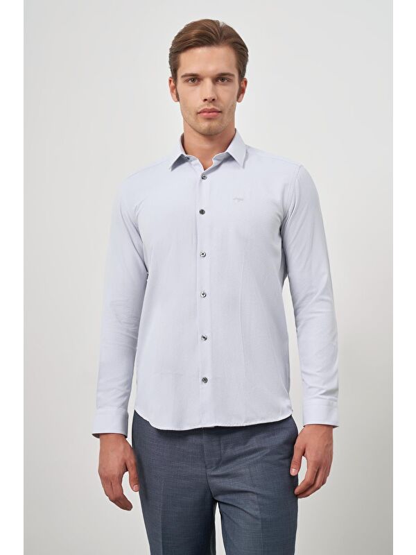 İMZA Gri Uzun Kol Kendinden Desenli Armürlü 032 Sert Yaka Classic Slim Fit Gömlek 1004245151