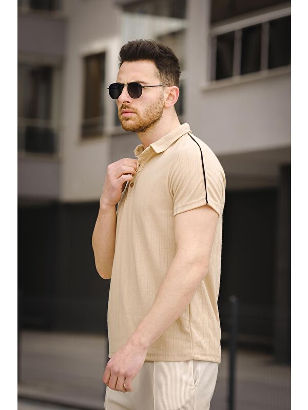 Oksit Omzu Şerili Slim Fit Erkek Bisiklet Yaka Tişört