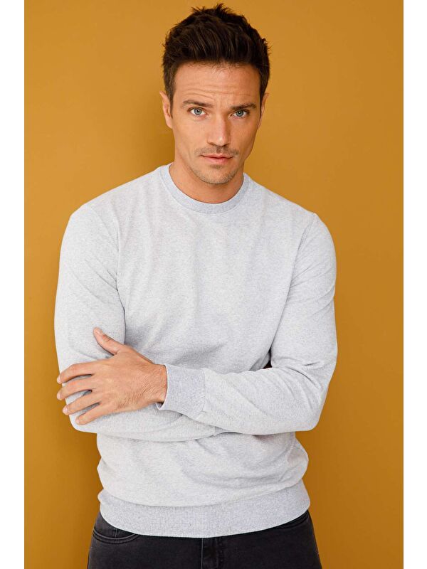 igs Açık Gri Modern Fit Ekstra Dar Kalıp Bisiklet Yaka Düz Sweatshirt