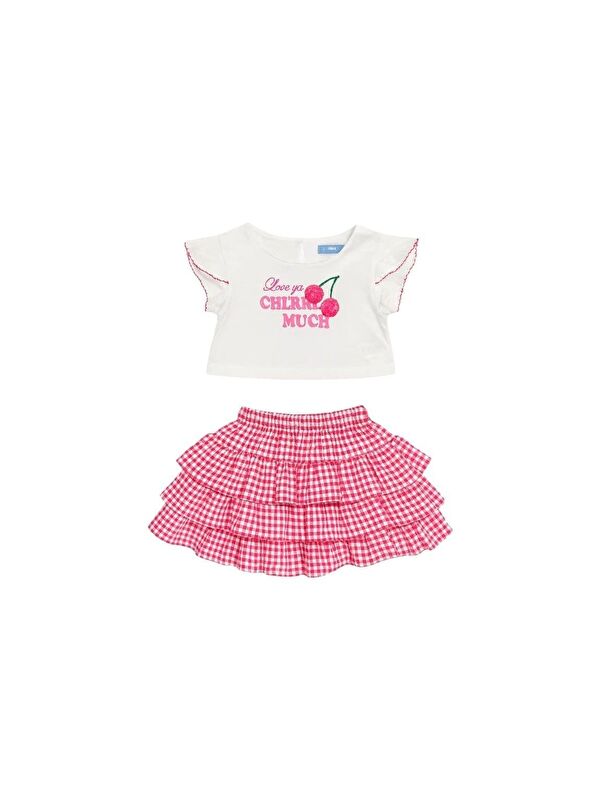 Magu Kız Çocuk Pamuklu Ekru Kiraz Baskılı T-Shirt Ve Pembe Pötikare Etek Takım