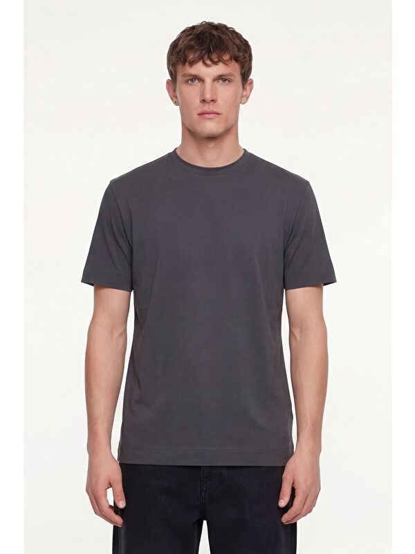 Sabri Özel Erkek Füme Normal Kesim Regular Fit %100 Pamuk Dokuma Bisiklet Yaka Basic T-Shirt