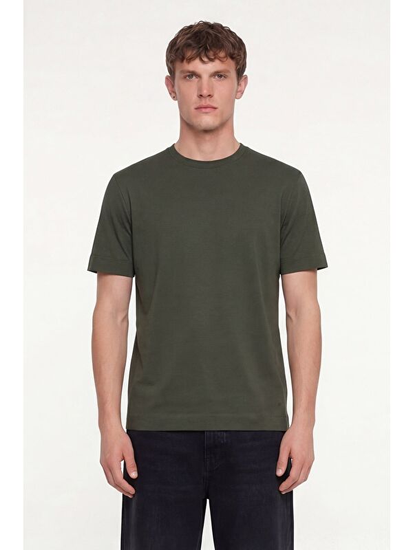 Sabri Özel Erkek Koyu Yeşil Normal Kesim Regular Fit %100 Pamuk Dokuma Bisiklet Yaka Basic T-Shirt