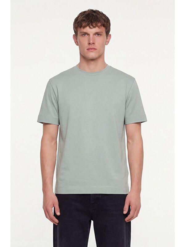 Sabri Özel Erkek Açık Yeşil Normal Kesim Regular Fit %100 Pamuk Dokuma Bisiklet Yaka Basic T-Shirt