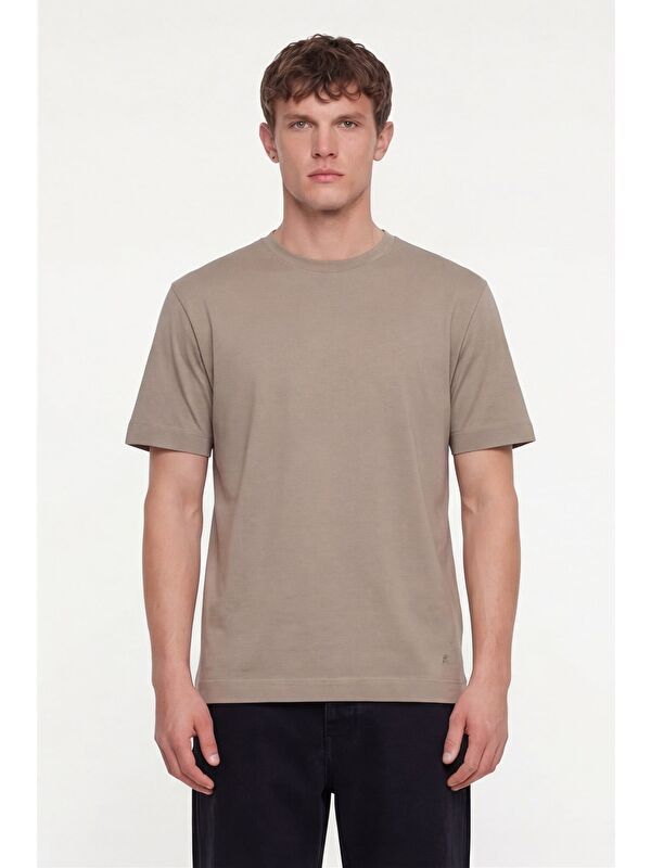 Sabri Özel Erkek Camel Normal Kesim Regular Fit %100 Pamuk Dokuma Bisiklet Yaka Basic T-Shirt