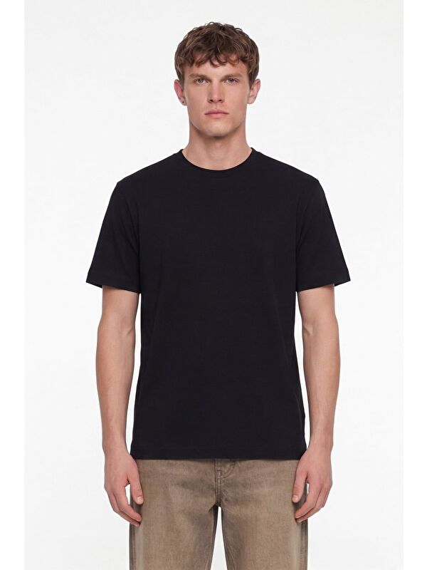 Sabri Özel Erkek Siyah Normal Kesim Regular Fit %100 Pamuk Dokuma Bisiklet Yaka Basic T-Shirt