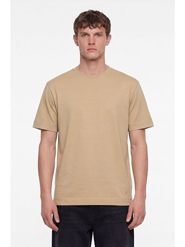 Sabri Özel Erkek Bej Normal Kesim Regular Fit %100 Pamuk Dokuma Bisiklet Yaka Basic T-Shirt