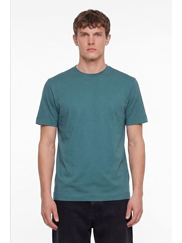 Sabri Özel Erkek Petrol Normal Kesim Regular Fit %100 Pamuk Dokuma Bisiklet Yaka Basic T-Shirt