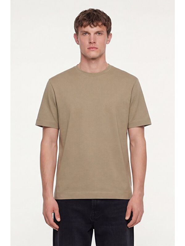 Sabri Özel Erkek Vizon Normal Kesim Regular Fit %100 Pamuk Dokuma Bisiklet Yaka Basic T-Shirt