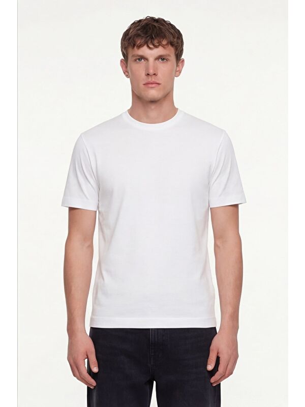 Sabri Özel Erkek Ekru Normal Kesim Regular Fit %100 Pamuk Dokuma Bisiklet Yaka Basic T-Shirt