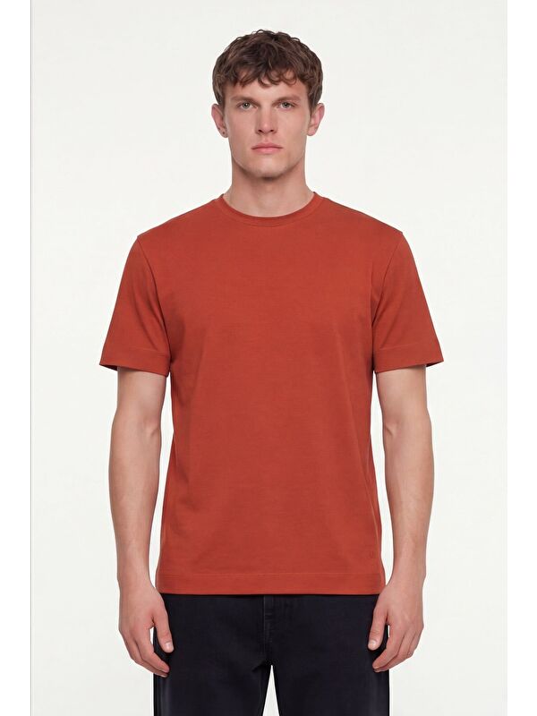 Sabri Özel Erkek Kiremit Normal Kesim Regular Fit %100 Pamuk Dokuma Bisiklet Yaka Basic T-Shirt