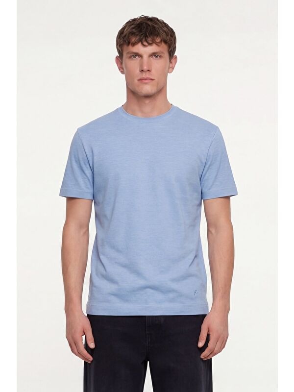 Sabri Özel Erkek Mavi Normal Kesim Regular Fit %100 Pamuk Dokuma Bisiklet Yaka Basic T-Shirt