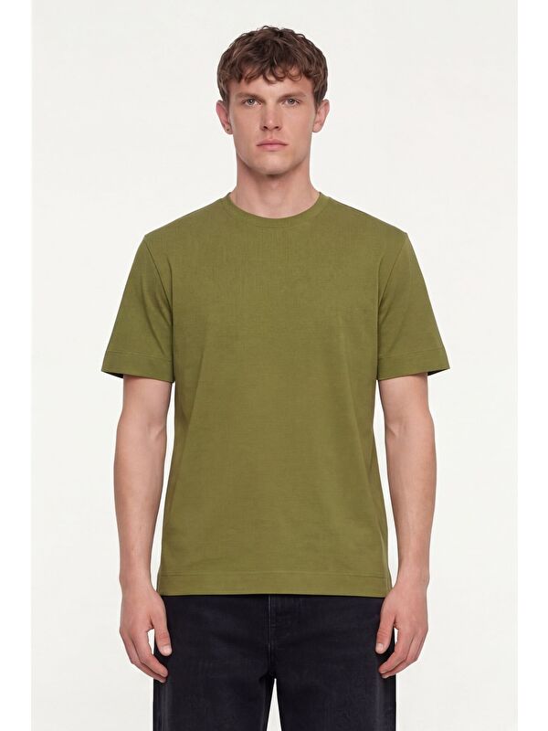 Sabri Özel Erkek Fıstık Yeşili Normal Kesim Regular Fit %100 Pamuk Dokuma Bisiklet Yaka Basic T-Shirt