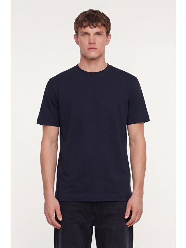 Sabri Özel Erkek Lacivert Normal Kesim Regular Fit %100 Pamuk Dokuma Bisiklet Yaka Basic T-Shirt