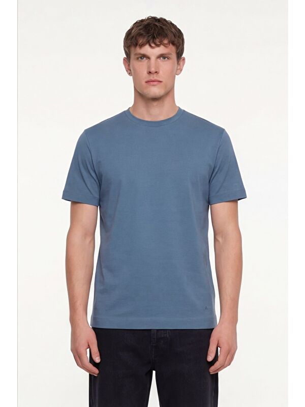 Sabri Özel Erkek Pilot Mavi Normal Kesim Regular Fit %100 Pamuk Dokuma Bisiklet Yaka Basic T-Shirt
