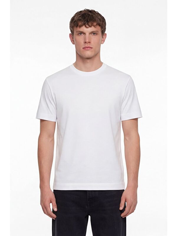 Sabri Özel Erkek Beyaz Normal Kesim Regular Fit %100 Pamuk Dokuma Bisiklet Yaka Basic T-Shirt