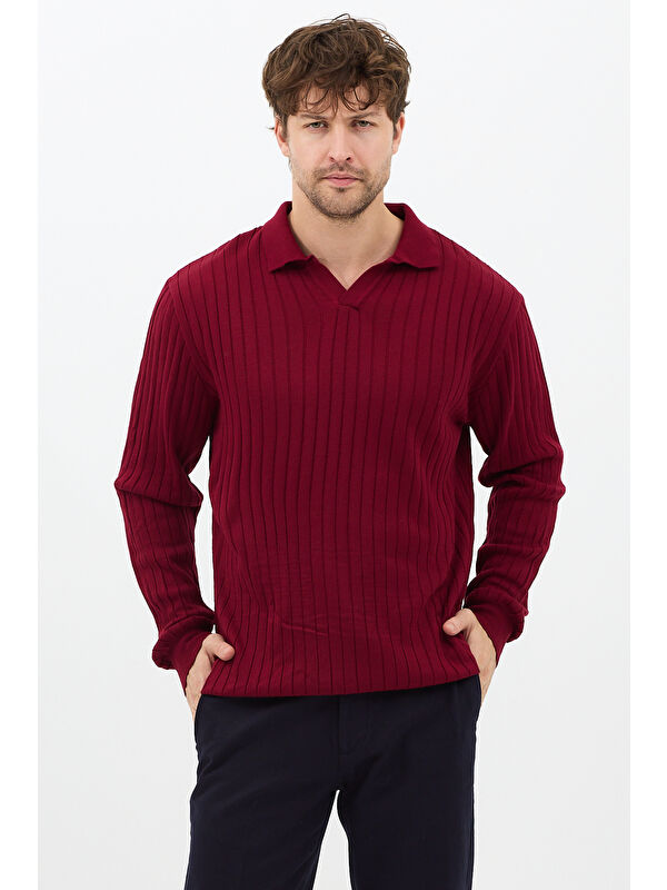 Tarz Cool Bordo Erkek Polo Yaka Fitilli Triko Kazak