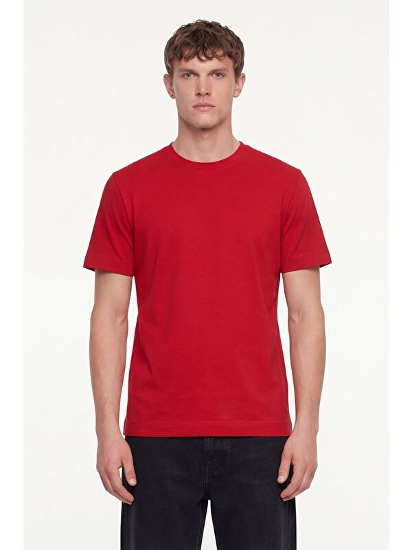 Sabri Özel Erkek Kırmızı Normal Kesim Regular Fit %100 Pamuk Dokuma Bisiklet Yaka Basic T-Shirt