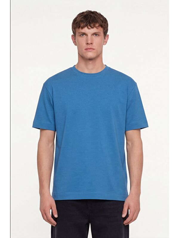 Sabri Özel Erkek Açık Saks Normal Kesim Regular Fit %100 Pamuk Dokuma Bisiklet Yaka Basic T-Shirt