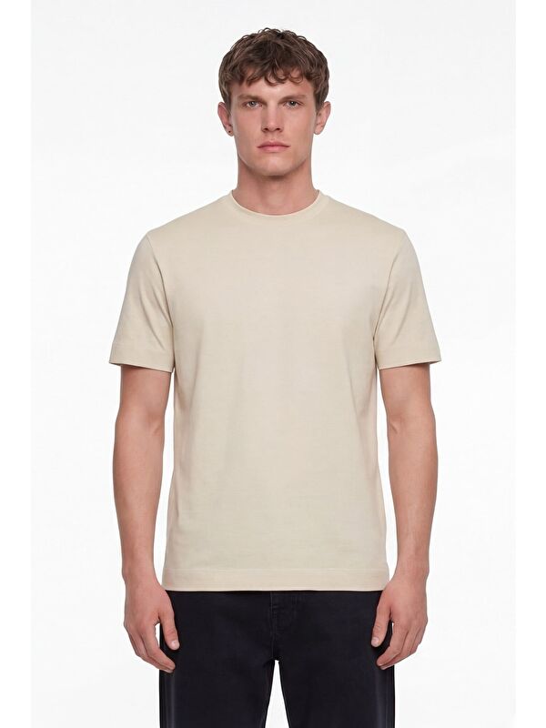 Sabri Özel Erkek Koyu Krem Normal Kesim Regular Fit %100 Pamuk Dokuma Bisiklet Yaka Basic T-Shirt