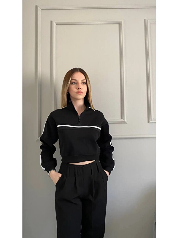 Hazelin Kadın Siyah Beyaz Şeritli Fermuarlı Yaka 3 İplik Şardonlu Sweatshirt HZL24W-ZK12781
