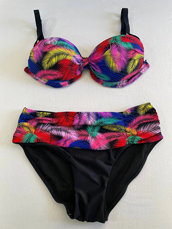 Hazelin Kadın Siyah Sarı Kırmızı Çok Renk Desenli Astarlı Büyük Beden Bikini Takımı HZL25S-LC06