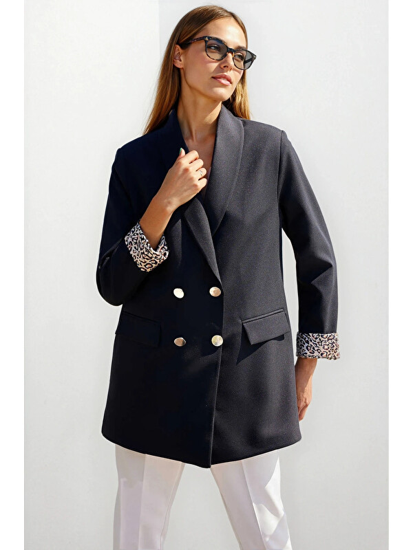 Hazelin Kadın Siyah Leopar Astarlı Düğme Detaylı Blazer Ceket HZL25W-BD107041