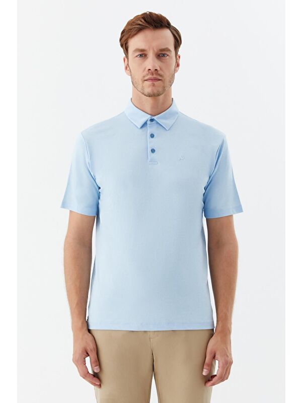 Sabri Özel Erkek Mavi Dar Kesim Slim Fit Pamuklu Dokuma Polo Yaka Tişört