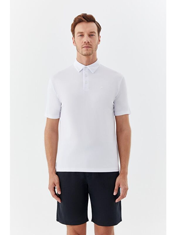 Sabri Özel Erkek Beyaz Dar Kesim Slim Fit Pamuklu Dokuma Düğmeli Polo Yaka Tişört