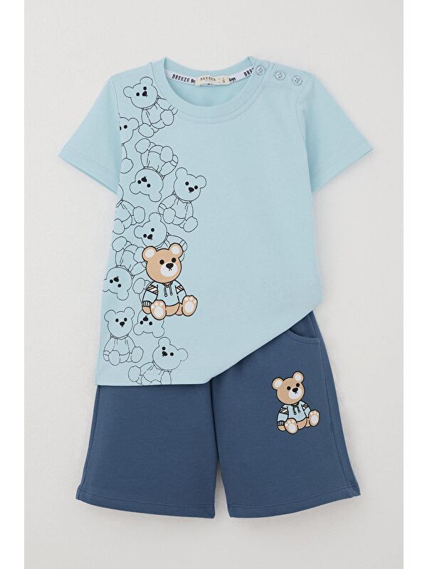 Breeze Erkek Bebek Şortlu Takım Oyuncak Bebek Ayıcık Baskılı Açık Mavi (9 Ay-1.5 Yaş)