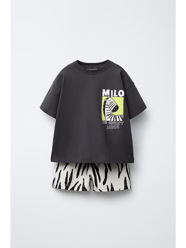 Magu Erkek Çocuk Pamuklu Siyah Zebra Baskılı T-Shirt Ve Şort Takım - Eğlenceli Yazlık