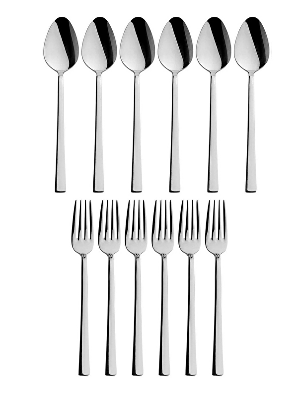 Kitchen Design Lab Parlak Gümüş Tatlı Çatal ve Kaşık Seti - 12 Adet Kahvaltı Pasta Tatlı Çatal Kaşık Seti Kutulu Set