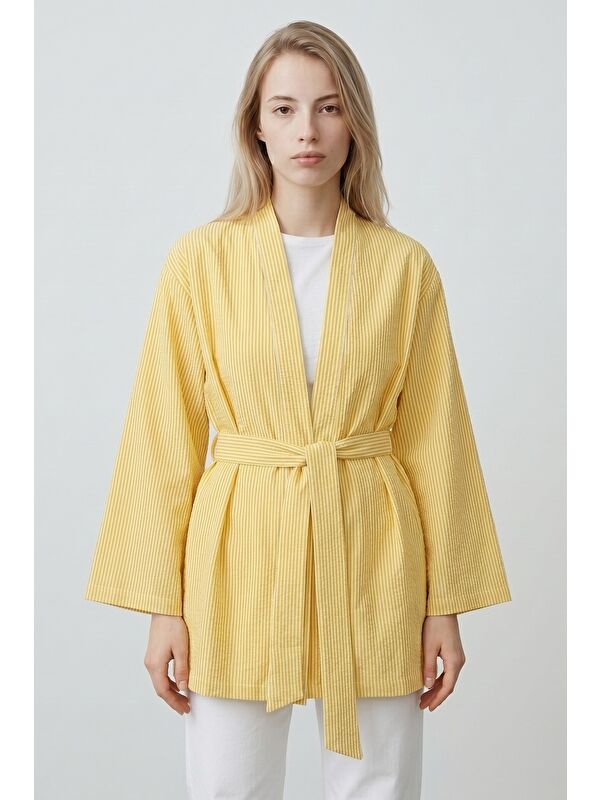 Saade Sarı Kadın Dikey Çizgili Geniş Kollu Yazlık Relaxed Kimono