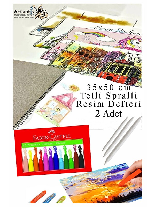 Faber-Castell 12 Renk Pastel Boya 35x50 cm Telli Spralli Resim Defteri Pastel Dağıtma Kalemi 15 Yaprak Resim Defte