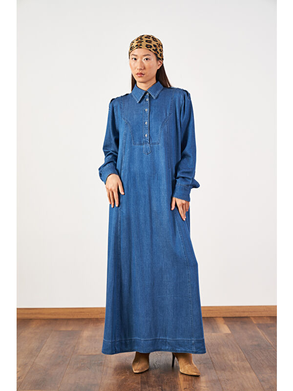 Mevra Oversize Kuşaklı Yaka Düğmeli Uzun Denim Elbise Koyu Mavi